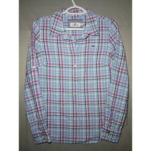 Vineyard Vines Popover Top Womens S Blue Plaid Roll Tab Sleeve Shirt Linen Blend